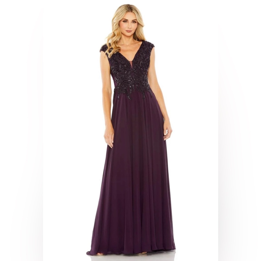Embroidered V-Neck Evening Gown - Deep Plum